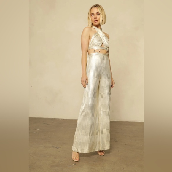 Nightcap Free People Isla silver gold lame disco halter cutout jumpsuit  XS S M